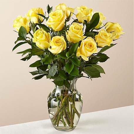 12 Stem Ray of Sunshine Yellow Rose Bouquet in Glass Vase