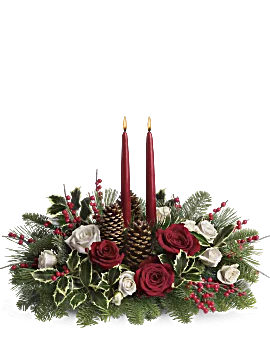 Christmas Centerpiece. Red & White Roses On Noble Fir And White Pine. Same Day Flower Delivery.