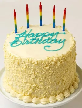 Happy Birthday Yellow Cream Cheese Frosted Cake Tall 4 Layer And Candles