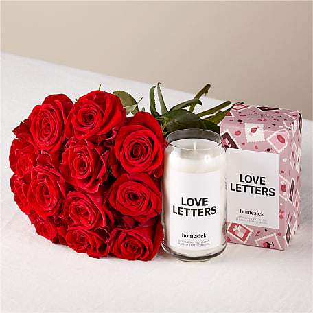One Dozen Red Roses Bouquet and Homesick Candle