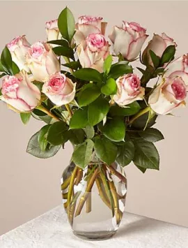 Pink Champagne Rose Bouquet 12 Stem With Vase