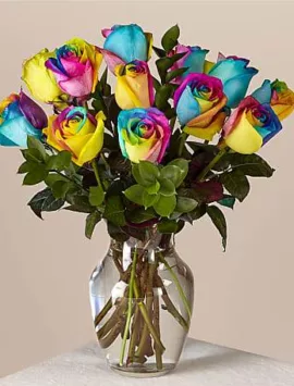 Rainbow Rose Bouquet 12 Stem With Vase