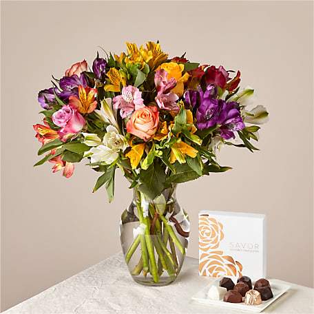 Smiles and Sunshine Bouquet with Glass Vase and Box of Chocolates | Better