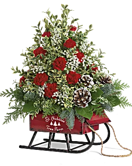 Snowy Sleigh Tree Bouquet | Carnations | Same Day Flower Delivery | Red | Teleflora