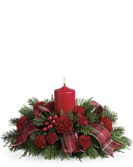 Teleflora Christmas Centerpiece. Red Carnations & Douglas Fir. Same Day Flower Delivery.