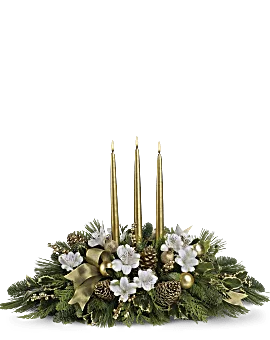 Teleflora White & Gold Holiday Centerpiece With Taper Candles