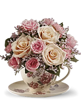 Teleflora's Victorian Teacup Bouquet With Pink & Creme Roses. Perfect Choice for Mother's Day.